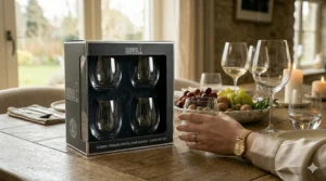 The official Riedel packaging for a 2-pack set of crystal stemless wine glasses.