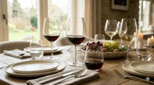 Riedel crystal stemless wine glasses specifically shaped for Cabernet and Merlot varietals.