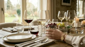 A person holding a Riedel stemless wine glass showing the ergonomic crystal bowl design.