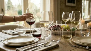 Comparison between traditional Riedel stemmed wine glasses and the modern stemless crystal design.