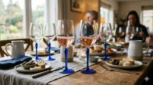 A collection of four matching wine glasses featuring tapered blue stems and wide bowls.