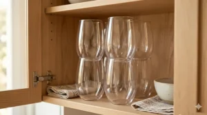 A stack of BPA-free plastic stemless wine glasses showing space-saving storage in a kitchen cabinet.