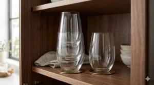 Crate and Barrel stemless wine glasses stored neatly in a kitchen cabinet to save space.