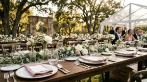 Modern stemless wine glasses at a wedding reception table setting with floral arrangements.
