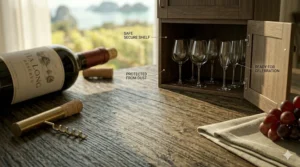 Illustration of long stem wine glasses stored safely in a tall kitchen cabinet.