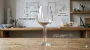 A detailed photorealistic illustration featuring the key design elements of a thin stem Bordeaux wine glass.