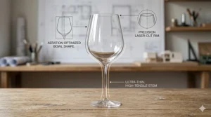 A detailed anatomical diagram with labels highlighting the flexible stem and optimized bowl of a crystal thin stem wine glass.