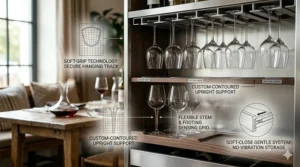 A photorealistic illustration featuring technical diagrams of secure soft-grip and soft-close storage systems for delicate thin stem crystal wine glasses.