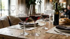 A side-by-side comparison illustrating a premium flexible thin stem wine glass next to a standard sturdy wine glass.