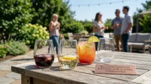 Shatterproof BPA-free plastic stemless wine glasses for bulk use at an outdoor patio party.