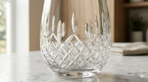 Close-up of the intricate wedge and diamond cuts on a Waterford stemless wine glass.