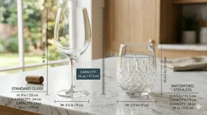 Size comparison chart showing the height and ounce capacity of Waterford stemless wine glasses versus standard wine glasses.