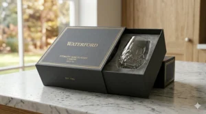 The iconic gray and gold Waterford box featuring a set of two stemless wine glasses, ideal for wedding or anniversary gifts.