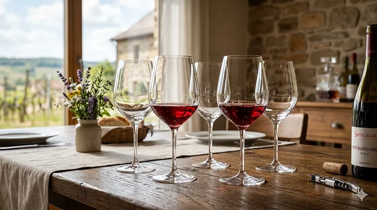 A luxury set of four German crystal wine glasses arranged on a dark wooden table with soft ambient lighting.
