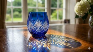 Sunlight filtering through a blue crystal wine glass creating vibrant caustic patterns on a countertop.