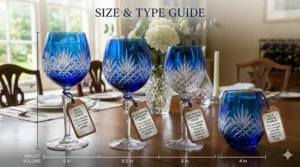 An infographic comparing the sizes of different blue crystal wine glasses and goblets.