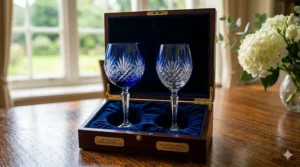 A premium velvet-lined gift box containing a pair of elegant blue crystal wine glasses.