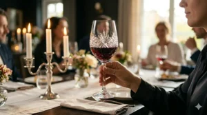 An illustration of two Bohemia crystal wine glasses clinking together, symbolizing the long-lasting resonance and musical ring unique to high-quality European crystal.