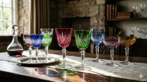 A photorealistic 4K photograph capturing an elegant arrangement of various colored Bohemian antique crystal wine glasses, including ruby, green, blue, amethyst, and amber, displaying detailed hand-cut patterns and natural light on a dark wood table.