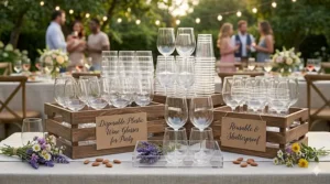 A large arrangement of stackable disposable plastic wine cups prepared for a wedding reception.