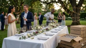 Guests at an outdoor garden party holding clear plastic disposable wine glasses sourced from a bulk supplier.