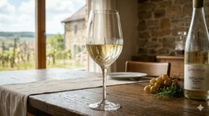 A crisp white wine served in a slender German crystal wine glass with condensation on the exterior.