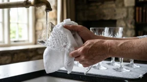 A photorealistic 4K photograph capturing the proper hand-washing technique for a delicate antique crystal wine glass using specialized cleaner and a microfiber cloth, set against a softly blurred background.