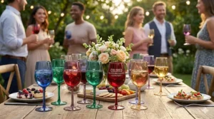 A vibrant set of multi-colored translucent plastic wine glasses perfect for a birthday or themed party.