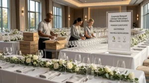 A professional corporate banquet setup featuring rows of high-quality disposable wine glasses ordered in bulk.