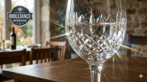 Close-up illustration showing light refracting through the facets of a cut crystal wine glass.