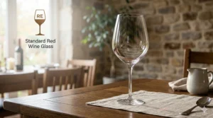 A tall crystal wine glass with a wide bowl designed for aerating red wines.