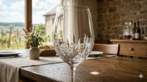 Close-up of the brilliant clarity and light refraction of a high-quality German lead-free crystal wine glass.