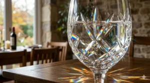 Two crystal wine glasses clinking together to demonstrate resonance and clarity.
