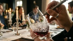 A set of durable Bohemia crystal wine glasses being safely handled, demonstrating that modern Czech craftsmanship combines elegance with practical longevity.