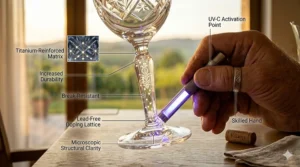 Infographic highlighting the break-resistant and lead-free properties of modern Hungarian crystal wine glasses.