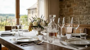 An elegant formal dinner table setting featuring polished German crystal wine glasses and fine china.