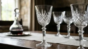 A photorealistic close-up detail of the hand-carved geometric facets and etched patterns on a high-quality antique crystal wine glass, highlighting the clarity and light refraction on a dark wood surface.