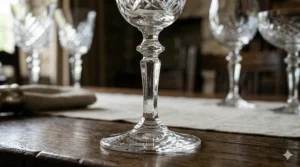 A detailed photorealistic close-up view focusing on the complex multifaceted stem and star-cut base of an antique lead crystal wine glass, highlighting the quality and light refraction on a dark wood surface.