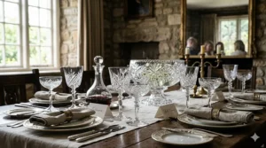 A photorealistic 4K photograph capturing an exquisite formal dinner party setting on a rustic dark wood table, featuring mismatched hand-cut antique crystal wine glasses, including goblets and coupes, illuminated by soft natural light.