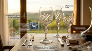Diagram of a formal table setting featuring Hungarian crystal wine glasses at the top right of the plate.