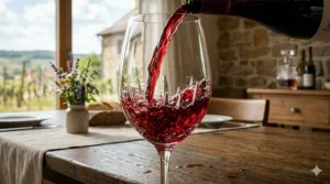 Rich red wine being poured into a large-bowled German crystal glass to enhance aeration and aroma.