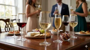 Elegant plastic wine glasses with gold-rimmed edges designed for upscale holiday parties and events.