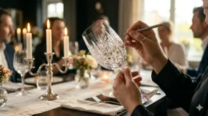 Close-up of intricate hand-cut patterns on a Bohemia crystal wine glass, showcasing the traditional decorative techniques of the 16th-century Bohemian region.