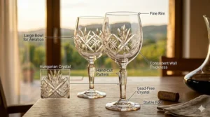Detailed diagram of a Hungarian crystal wine glass designed for red wine with a large bowl for aeration.