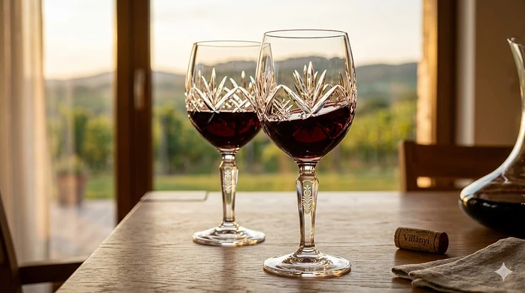 A pair of elegant, hand-blown Hungarian crystal wine glasses filled with red wine on a wooden table.