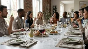 A festive dinner party setting featuring Luminarc crystal wine glasses and fine china.