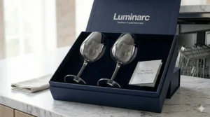 The retail packaging for a Luminarc crystal wine glass gift set, perfect for weddings.
