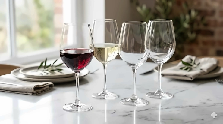 A sophisticated set of four Luminarc crystal wine glasses displayed on a minimalist marble tabletop.