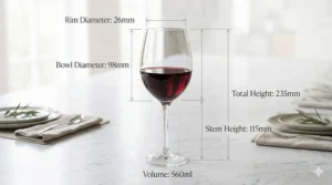 Technical illustration showing the height and capacity of a standard Luminarc crystal wine glass.