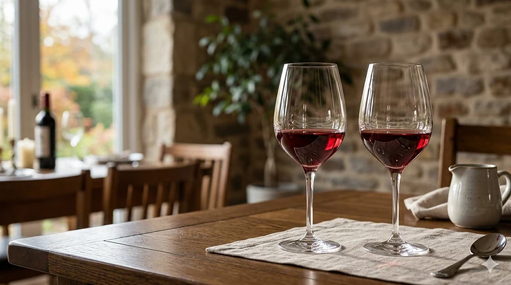 A pair of elegant lead-free crystal wine glasses catching the light on a dark wooden table.